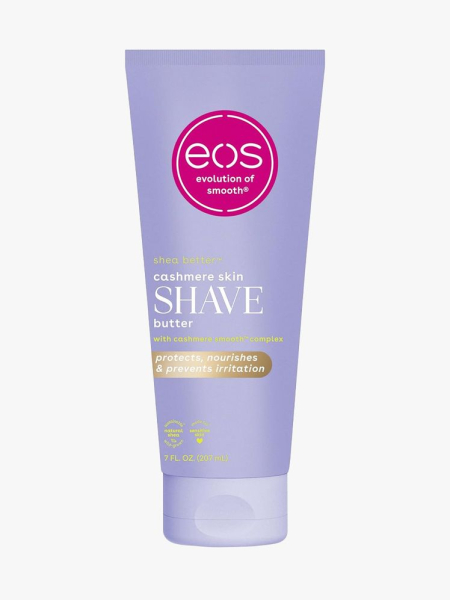 EOS Vanilla Cashmere Shave Butter in branded tube component on a light gray background