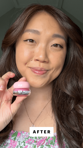 Christa Lee applying the The Crème Shop Hello Kitty and Friends Gloss Jelly Tinted Peptide Lip Glaze